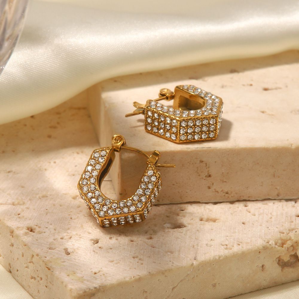 Gold-plated, diamond-studded hexagonal hoop earrings