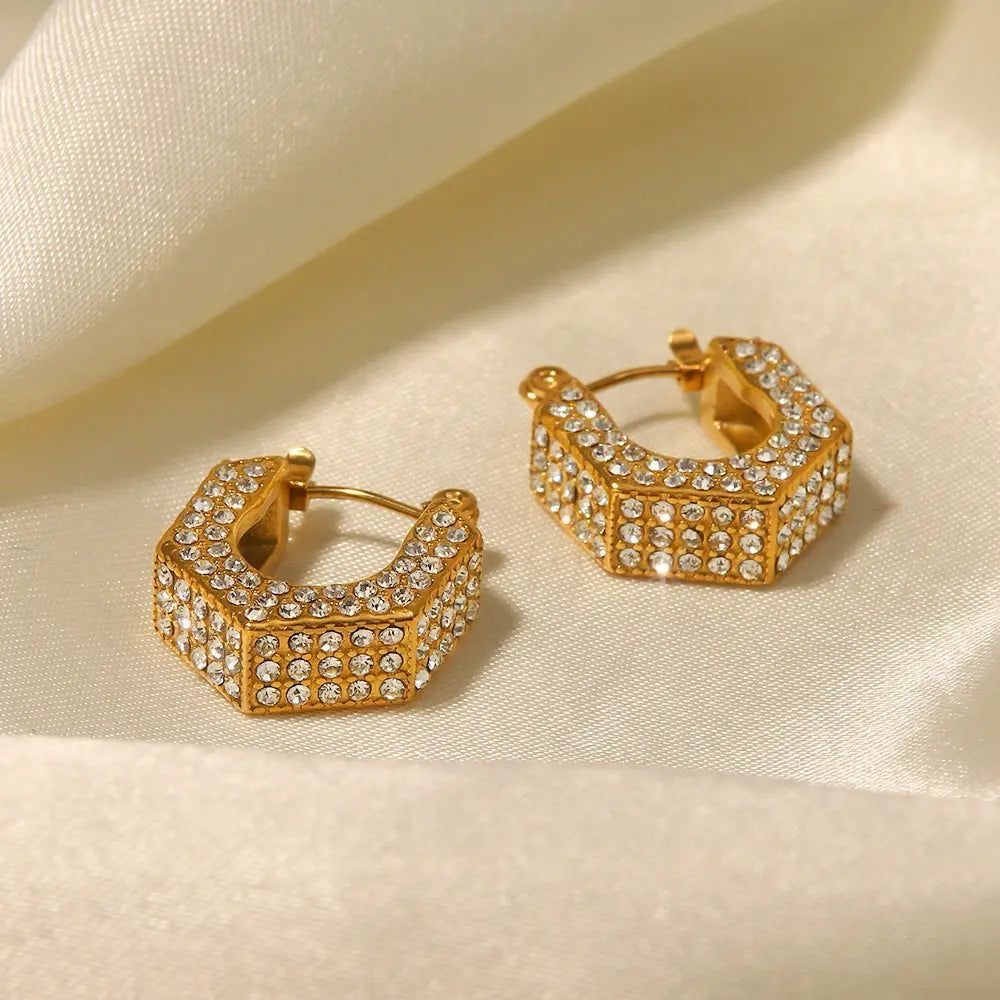 Gold-plated, diamond-studded hexagonal hoop earrings