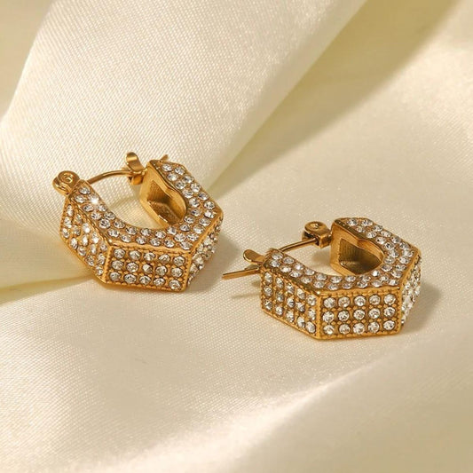 Gold-plated, diamond-studded hexagonal hoop earrings